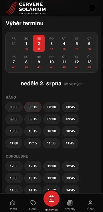 Výběr termínu rezervace z mobilu